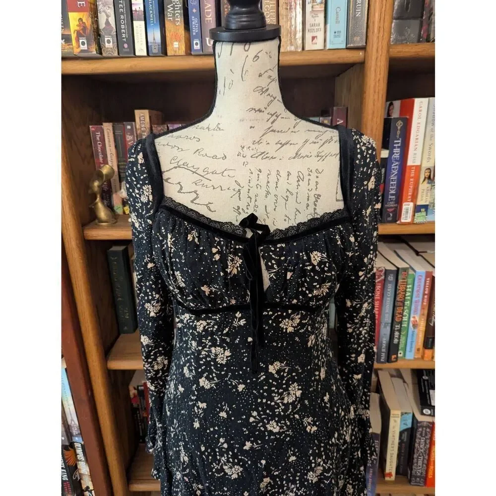 Free People Women's Size Small Black Floral Tess Square Neck Mini Dress - Picture 2 of 8